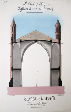 L'art gothique. Eglises à une seule nef. Cathédrale d'Albi. Coupe sur la nef [ Belle aquarelle originale ] On joint : Plan de la Cathédrale d'Albi. ...