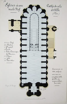 L'art gothique. Eglises à une seule nef. Cathédrale d'Albi. Coupe sur la nef [ Belle aquarelle originale ] On joint : Plan de la Cathédrale d'Albi. ...
