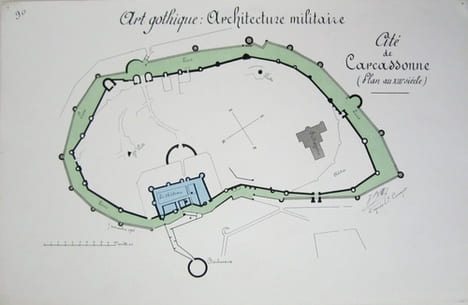 L'art Gothique. Architecture militaire [ Lot de 3 beaux lavis originaux sur Carcassonne ] La Cité de Carcassonne : Vue du Château prise de l'angle ...