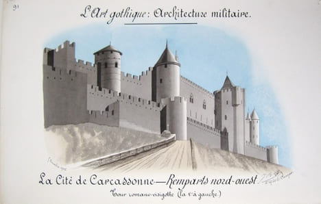 L'art Gothique. Architecture militaire [ Lot de 3 beaux lavis originaux sur Carcassonne ] La Cité de Carcassonne : Vue du Château prise de l'angle ...