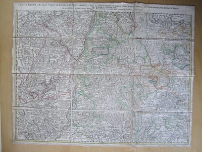 Cursus Rheni a Basilea usque Bonnam III Sect. exhibit. Sectio III seu Superiore in qua sistitur maxima pars Alsatiae, Brisgoviae una cum alijs Suevia Tractibus confinibus [ Colored Map with Basel, "Freyburg", Belfort, Muhlhausen, Strasbourg, Schafhausen, etc.