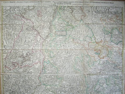 Cursus Rheni a Basilea usque Bonnam III Sect. exhibit. Sectio III seu Superiore in qua sistitur maxima pars Alsatiae, Brisgoviae una cum alijs Suevia Tractibus confinibus [ Colored Map with Basel, "Freyburg", Belfort, Muhlhausen, Strasbourg, Schafhausen, etc.