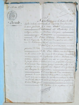 Acte de Vente daté du 11 mai 1861 d'une propriété située rue Couturier [ aujourd'hui rue d'Ornano), à Bordeaux, provenant du domaine de Coupry, acquis ...
