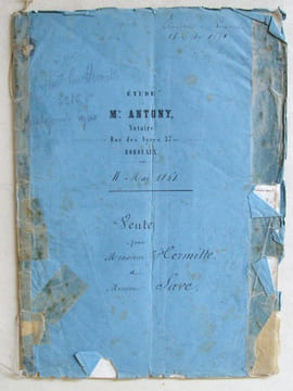 Acte de Vente daté du 11 mai 1861 d'une propriété située rue Couturier [ aujourd'hui rue d'Ornano), à Bordeaux, provenant du domaine de Coupry, acquis ...