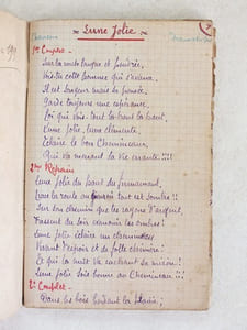 Carnet de Chansons et de Monologues [ Manuscrit commencé le 8 Février 1919 ] Lune Jolie - Martha - Pupée Jolie - L'Embuscade - La Terre Nationale - Le Carreau de Papier - V'la les Croquants - J'ai bon Caractère - Elle m'aime pas - Le Poilu Infirmier - Le Poilu repopulateur - La Sabotière - La Madelon - Dans la Musette - La Tyrolienne des Pyrénées - La Vache et le Pompier - Le Sermon interrompu - Deux claques pour mille francs - Pour retrouver vingt francs - J'suis pas pressé - La Barbe volée - Les agents n'en faut plus - Les auvergnats réformateurs - Un marché dans une baleine - Un moyen de payer ses dettes - Les deux cuisses de faisan - La femme & le Chameau -  Le garçon d'honneur - La mort de Bismarck - Ne rendez pas les hommes fous - J'suis malade - Avec mes cinquante deux francs - La Madelon de la Victoire - La Marseillaise - Face à face - La Somnambule - La Riviera - Le Vieux Ménage - Un Ami commerçant - J'ai un' auto - Elle bavardait chez la concierge - Coeur de Marsouin - L'article  214 - La p'tite dame des PTT - Le Carillonneur - Le Jouet