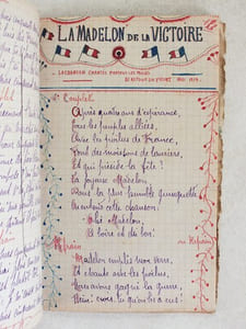 Carnet de Chansons et de Monologues [ Manuscrit commencé le 8 Février 1919 ] Lune Jolie - Martha - Pupée Jolie - L'Embuscade - La Terre Nationale - Le Carreau de Papier - V'la les Croquants - J'ai bon Caractère - Elle m'aime pas - Le Poilu Infirmier - Le Poilu repopulateur - La Sabotière - La Madelon - Dans la Musette - La Tyrolienne des Pyrénées - La Vache et le Pompier - Le Sermon interrompu - Deux claques pour mille francs - Pour retrouver vingt francs - J'suis pas pressé - La Barbe volée - Les agents n'en faut plus - Les auvergnats réformateurs - Un marché dans une baleine - Un moyen de payer ses dettes - Les deux cuisses de faisan - La femme & le Chameau -  Le garçon d'honneur - La mort de Bismarck - Ne rendez pas les hommes fous - J'suis malade - Avec mes cinquante deux francs - La Madelon de la Victoire - La Marseillaise - Face à face - La Somnambule - La Riviera - Le Vieux Ménage - Un Ami commerçant - J'ai un' auto - Elle bavardait chez la concierge - Coeur de Marsouin - L'article  214 - La p'tite dame des PTT - Le Carillonneur - Le Jouet