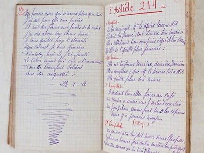 Carnet de Chansons et de Monologues [ Manuscrit commencé le 8 Février 1919 ] Lune Jolie - Martha - Pupée Jolie - L'Embuscade - La Terre Nationale - Le Carreau de Papier - V'la les Croquants - J'ai bon Caractère - Elle m'aime pas - Le Poilu Infirmier - Le Poilu repopulateur - La Sabotière - La Madelon - Dans la Musette - La Tyrolienne des Pyrénées - La Vache et le Pompier - Le Sermon interrompu - Deux claques pour mille francs - Pour retrouver vingt francs - J'suis pas pressé - La Barbe volée - Les agents n'en faut plus - Les auvergnats réformateurs - Un marché dans une baleine - Un moyen de payer ses dettes - Les deux cuisses de faisan - La femme & le Chameau -  Le garçon d'honneur - La mort de Bismarck - Ne rendez pas les hommes fous - J'suis malade - Avec mes cinquante deux francs - La Madelon de la Victoire - La Marseillaise - Face à face - La Somnambule - La Riviera - Le Vieux Ménage - Un Ami commerçant - J'ai un' auto - Elle bavardait chez la concierge - Coeur de Marsouin - L'article  214 - La p'tite dame des PTT - Le Carillonneur - Le Jouet