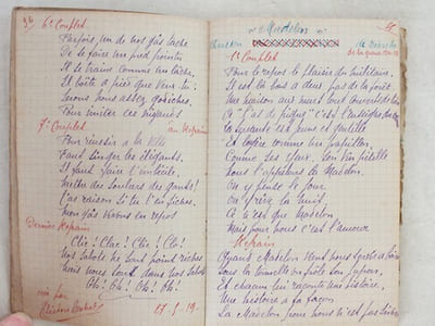 Carnet de Chansons et de Monologues [ Manuscrit commencé le 8 Février 1919 ] Lune Jolie - Martha - Pupée Jolie - L'Embuscade - La Terre Nationale - Le Carreau de Papier - V'la les Croquants - J'ai bon Caractère - Elle m'aime pas - Le Poilu Infirmier - Le Poilu repopulateur - La Sabotière - La Madelon - Dans la Musette - La Tyrolienne des Pyrénées - La Vache et le Pompier - Le Sermon interrompu - Deux claques pour mille francs - Pour retrouver vingt francs - J'suis pas pressé - La Barbe volée - Les agents n'en faut plus - Les auvergnats réformateurs - Un marché dans une baleine - Un moyen de payer ses dettes - Les deux cuisses de faisan - La femme & le Chameau -  Le garçon d'honneur - La mort de Bismarck - Ne rendez pas les hommes fous - J'suis malade - Avec mes cinquante deux francs - La Madelon de la Victoire - La Marseillaise - Face à face - La Somnambule - La Riviera - Le Vieux Ménage - Un Ami commerçant - J'ai un' auto - Elle bavardait chez la concierge - Coeur de Marsouin - L'article  214 - La p'tite dame des PTT - Le Carillonneur - Le Jouet