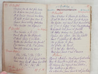 Carnet de Chansons et de Monologues [ Manuscrit commencé le 8 Février 1919 ] Lune Jolie - Martha - Pupée Jolie - L'Embuscade - La Terre Nationale - Le Carreau de Papier - V'la les Croquants - J'ai bon Caractère - Elle m'aime pas - Le Poilu Infirmier - Le Poilu repopulateur - La Sabotière - La Madelon - Dans la Musette - La Tyrolienne des Pyrénées - La Vache et le Pompier - Le Sermon interrompu - Deux claques pour mille francs - Pour retrouver vingt francs - J'suis pas pressé - La Barbe volée - Les agents n'en faut plus - Les auvergnats réformateurs - Un marché dans une baleine - Un moyen de payer ses dettes - Les deux cuisses de faisan - La femme & le Chameau -  Le garçon d'honneur - La mort de Bismarck - Ne rendez pas les hommes fous - J'suis malade - Avec mes cinquante deux francs - La Madelon de la Victoire - La Marseillaise - Face à face - La Somnambule - La Riviera - Le Vieux Ménage - Un Ami commerçant - J'ai un' auto - Elle bavardait chez la concierge - Coeur de Marsouin - L'article  214 - La p'tite dame des PTT - Le Carillonneur - Le Jouet