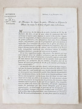 Division Criminelle. Circulaire N° 433. Bordeaux, le 29 Novembre 1815. "A Messieurs les Juges de Paix, Maires et Adjoints de Maire du ressort de la ...