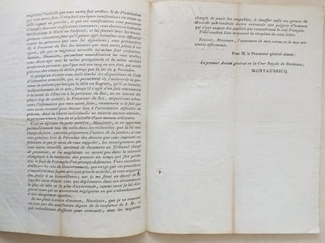Division Criminelle. Circulaire N° 433. Bordeaux, le 29 Novembre 1815. "A Messieurs les Juges de Paix, Maires et Adjoints de Maire du ressort de la ...