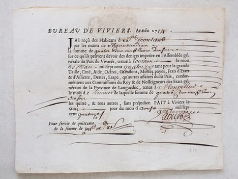 Bureau de Viviers. J'ay reçû des Habitans de Saint Montant [ Saint Montan ] par les mains de Maire Mendrau la somme de 409 livres 10 sols sur ce ...