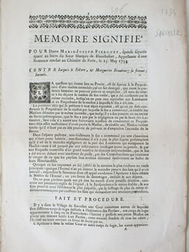 Mémoire Signifié, pour Dame Marie-Joseph Pierguet, épouse séparée quant aux biens du Sieur Marquis de Blanchefort, Appellante d'une Sentence renduë au ...
