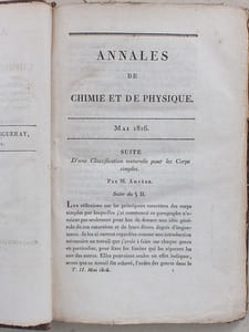 Annales de Chimie et de Physique. Année 1816 - Volume II - Tome Deuxième [ Tome 2 ] : Suite de l'Essai d'une Classification naturelle pour les Corps simples (Ampère) ; Note sur la dilatation des liquides (Gay-Lussac) ; Relation de la Découverte d'une masse de fer natif dans le Brésil par M. Mornay (Wollaston) ; Sur les Eruptions volcaniques de l'île de Java et les îles voisines ; Sur la propriété dont jouissent quelques diamants de couper le verre ; Relation d'un lac de soude dans l'Amérique du Sud (Palacio Faxar), etc...