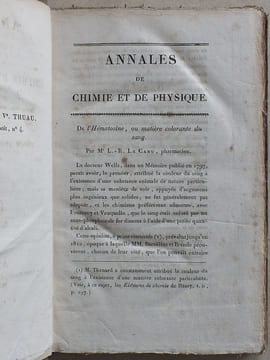 Annales de Chimie et de Physique. 1830 - Volume 3 : Tome Quarante-Cinquième [ Tome 45 - Tome XLV ] : De l'Hématosine ou matière colorante du sang (Le ...