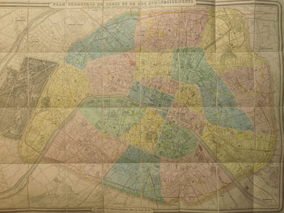 Plan géométral de Paris et de ses agrandissements à l'échelle d'un millimètre pour 10 m (1/10 000). [ Plan de Paris en couleurs - 1869 ]