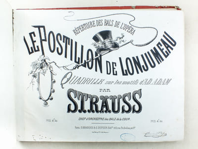 [ Recueil de Partitions ] Hommage à Mme Gassier. Grande valse du Maestro Luigi Venzano pour le Piano par Strauss - Frères et Tambours. 2e Quadrille Brillant pour le Piano à Quatre mains par le Comte A. de Monbrun - Le Postillon de Longjumeau, Quadrille sur les motifs d'Ad. Adam par Strauss - Il Bacio (Le Baiser), Valse chantée par Mademoiselle Pocciolomini composée par L. Arditi réduite pour piano seul par Em. Desgranges - Les Roses, suite de Valses pour le Piano par Olivier Métra - Le Soir, suite de Valses pour le Piano par Olivier Métra - Le Bouquet de Valses pour le Piano par Ernest Bouc - Indiana, grande valse pour piano par G. Marcailhou - Suite de Valses sur des motifs du Pardon de Ploërmel de Meyerbeer pour le piano par Strauss - Le Brasseur de Preston, Opéra comique en 3 actes musique d'Adolphe Adam. Deux quadrilles de contredanses composés pour le Piano par Musard - Grande suite de Valses. La Fille de Madame Angot musique de Ch. Lecocq par Olivier Métra - Le Torrent, Grande Valse brillante pour Piano par G. Marcailhou