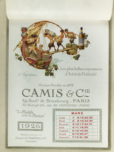 Calendrier 1926 Avec leurs Meilleurs Voeux pour 1926 Camis & Cie ont l'honneur de vous présenter trois nouvelles Séries du Maître Hérouard. La Série Antique : 4 sujets créés et édités pour J.F. Martell & co à Cognac ; Les Trois Mousquetaires : 4 sujets créés et édités pour Bouchard aîné & Fils à Beaune ; Manon Lesaut : 4 sujets crées et édités pour J. Calvet & Cie à Buenos-Aires