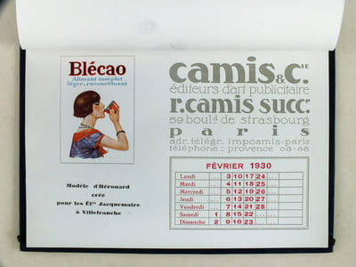 Calendrier 1930 Avec les Meilleurs Voeux de Camis & Cie pour 1930 [ Modèle de Gadoud pour le Syndicat d'initiative d'Aix les Bains ; Modèle d'Hérouard pour les Ets Jacquemaire à Villefranche ; Modèle de Courchinoux pour la Brasserie Alsacienne au Havre ; Modèle de gadoud pour MM. Chabeur et Cie à Paris ; Modèle d'Hérouard pour Mr Armand Feuillerat à Margaux ; Modèle d'Hérouard pour Mr Paul Fleury à Ste Radegonde ; Modèle de Loth créé pour Mr Nollet à Roubaix ; Modèle de Courchinoux pour le Comité de la Foire de Metz ; Modèle de Gadoud pour G. Floquet à Pont l'Evêque ; Modèle de Baudrier pour la maison Bouvais Flon à Nantes ; Modèle d'Hérouard pour l'Auberge de la Devinière à Paris ; Modèle de Gadoud pour la Maison Clavières à Bordeaux ]