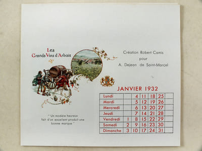 Calendrier 1932 Robert Camis Editeur d'Art Publicitaire. Avec ses meilleurs voeux pour 1932 [ Création Robert Camis pour A. Dejean de Saint-Marcel, Thomann-Clairotet, le Château Monbazillac, les Vins de Bourgogne Lhote, les Vins de Bourgogne Michel Bouchard, Jean Prentout & Burel Frères, la Société Agricole de Roquefort, les Cuirs Costil, les Vins de Bourgogne Chanson Père & Fils, les Etablissements André Gillier, les Gants Fischl, le Champagne Veuve Clicquot ]