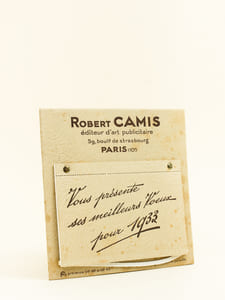 Calendrier 1933 Robert Camis Editeur d'Art Publicitaire. Avec ses meilleurs voeux pour 1933 [ Création Robert Camis pour le Champagne Piper-Heidsieck, pour les Etablissements vermorel, pour les fils de Léon J. Bizac, pour le Comité de Propagande du hareng de Fécamp, pour le champagne Binet, le Café Makli, Hippolyte Nicolas à Perpignan, Doré et fils, les biscuits Pernot, les potages Maggi, le Cognac Salignac, les Etablissements Ruby ]