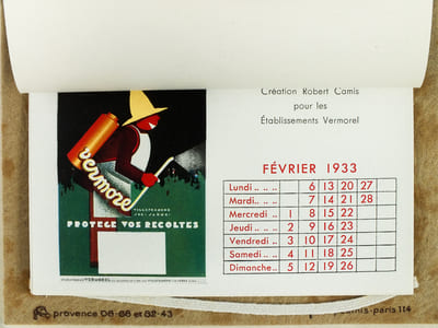 Calendrier 1933 Robert Camis Editeur d'Art Publicitaire. Avec ses meilleurs voeux pour 1933 [ Création Robert Camis pour le Champagne Piper-Heidsieck, pour les Etablissements vermorel, pour les fils de Léon J. Bizac, pour le Comité de Propagande du hareng de Fécamp, pour le champagne Binet, le Café Makli, Hippolyte Nicolas à Perpignan, Doré et fils, les biscuits Pernot, les potages Maggi, le Cognac Salignac, les Etablissements Ruby ]