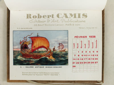 Calendrier 1938 Pour 1938 Les meilleurs voeux de Robert Camis [ 12 illustrations par Hérouard extraites de la série "Les beaux Navires" éditée pour le Tapioca "Petit Navire" ]