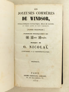 Les Joyeuses Commères de Windsor ; Opéra-comique fantastique, mêlé de danses (d'après Shakespeare, paroles française de Louis Dauglas, musique de O. Nicolaï) - Le Joaillier de Saint-James. Opéra comique en trois actes par de Saint-Georges & A. de Leuven (musique de Grisar) - Le Muletier de Tolède. Opéra-Comique en trois actes par Dennery et Clairville (musique de Ad. Adam) - Zilda (Conte des Mille et une Nuits). Opéra Comique en deux actes par De Saint-Georges et Chivot, musique de Flotow