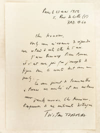 L.A.S. datée du 23 mai 1956 : "Cher Monsieur, Voulez-vous m'excuser de répondre avec retard à votre lettre du 5 mai. J'aime beaucoup Pierre Brune et c'est avec joie que j'accepte de figurer dans le comité dont vous me parlez. En vous priant de transmettre à Brune mes amitiés et mes meilleurs voeux..."