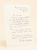 L.A.S. datée du 23 mai 1956 : "Cher Monsieur, Voulez-vous m'excuser de répondre avec retard à votre lettre du 5 mai. J'aime beaucoup Pierre Brune et ...