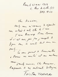 L.A.S. datée du 23 mai 1956 : "Cher Monsieur, Voulez-vous m'excuser de répondre avec retard à votre lettre du 5 mai. J'aime beaucoup Pierre Brune et c'est avec joie que j'accepte de figurer dans le comité dont vous me parlez. En vous priant de transmettre à Brune mes amitiés et mes meilleurs voeux..."