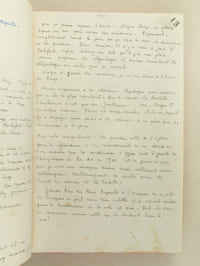 Manuscrit : Journal de voyage anonyme d'une médecin de marine militaire [ Santé navale ], d'avril 1946 à novembre 1947 : Toulon, La Rochelle, Ferryville, Gozo, Port-Saïd, Djibouti, Abadan, Bombay, Goa, Singapour, Hong-Kong, etc... Avec de nombreuses détails piquants sur la vie dans la marine française au lendemain de la seconde guerre mondiale. Intéressant journal manuscrit évoquant fugacement la figure de Zinovi Peschkoff : 7 mai 1946 : "Impression de pagaille. Berge m'avait dit en passant par Bordeaux que Rochefort est trop demandé pour espérer l'avoir. D'après Aury, on pleure depuis un an pour avoir des médecins. Paponnet, complètement rond le jour où je vais le voir, se désintéresse de la question"... "Même impression à la Marine. Chipotages pour savoir qui a été le plus résistant, qui a sauvé La Rochelle. L'ambiance n'est pas au gaullisme. Cossé, Auger et les autres écoeurés : Paris les laisse tomber et ils ne pensent qu'à dégager pour partir à la colonie"... "Une note réconfortante : la position nette de l'Eglise pour le référendum...Malheureusement, ça semble avoir été limité au diocèse de La Rochelle. Grande Peur des biens pensants à l'occasion de ce vote. Les bourgeois en font dans leur culotte et se voient arrêtés pour le lendemain si le vote est oui. Ont-ils donc la conscience moins nette qu'ils veulent bien le dire ?". 4 juillet 1946 : "Je suis considéré comme légèrement aliéné de vouloir repartir en campagne après seulement trois mois de séjour en France" 29 juin : "Voyagé avec Le Calvé de Bandol à Toulon... Rencontré quelques copains. Toujours la même réflexion : "Quelle chance tu as ! Ah! si j'étais à ta place..." 4 juillet à Feryville : "Embarqué sur le Mékong ... Laïus rapide avec le Commandant (de Forton), jeune et semblant avoir de l'allant. Adopte le type homme d'affaires américain. C'est peut-être très bien, c'est peut-être une façade. Il faut attendre. Visite au secnd, L. V. Lesty, bon gros colosse assez philosophe qui casse pas mal de sucre sur le dos des médecins, en particulier de Briskine qui s'occupait du bateau jusqu'à mon arrivée. Je défends Briskine a prioi, sans savoir de quoi il s'agit, avec une telle mauvaise foi que Lesty ne peut s'empêcher d'en rire et on n'en parle plus". Les autres officiers : Tayne, Sirven (croix de lorraine", et I.M. Rossi, Lafon, sympathiques au 1er abord. 5 juillet : "le matin, visite officielle à Sidi Abdallah" (suit une liste de nom et de postes) "presque tous cherchant à dégager pour s'installer dans la région. Même conversation partout : prix du beurre, des petits pois et du pain, insuffisance des soldes...Si j'étais à votre place, etc... Bande de ronds de cuir !" .... 12 juillet : "Lu un article de Cortadellas retraçant l'histoire de la Mission Militaire de ChungKinq. Un peu optimiste mais bon pour la propagande". 21 juillet :"Vie végétative à Ferryville. Travail léger et irrégulier à l'hôpital. Je trapine péniblement les journées sans envie de lire ni de travailler. Vivement la fuite. Le 18, arrivée d Terrible. Je vais faire une bonne heure de blague avec Lemaire. Ecoeuré de la Marine, il a demandé à dégager. On lui a fait comprendre qu'à Diégo il aurait mieux fait de filer comme le Glorieux. C'est écoeurant." 22 juillet : "Embarqué la commission d'essais : 5 officiers et une quinzaine d'ouvriers. Rentré à Bizerte... Appareillage pour Bône". 1er août : "Arrivée à 800 en vue de Gozo. ... Ville pas bien belle et très démolie, certains quartiers entièrement rasés. .... Petites ruelles rappelant l'Espagne ... les vieilles fortifications ont assez grande allure" 3 août : "Toutes les dernières réparations faites à Ferryville sont à refaire : pompe d'épuisement, chambre froide, dégaussing. Paris nous a mis à la disposition des anglais, mais les anglais ne nous donnent aucune consigne, disant que nous ne dépendons pas d'eux pour la route. Nous devons seulement faire un ravitaillement Abdan-Singapour. Si le Pacha sait y faire, nous pouvons choisir l'itinéraire qui nous plaira". 9 août : "A 1200 rencontré une mine. Ecole à feu au mousquet et aux Hoerlicou. Mine coulée sans exploser à la deuxième passe". 11 août : "A 1600, cassé la barre à bras... une semaine de réparations à Port-Saïd". 12 août : "Arrivée à Port-Saïd. Envahissement inévitable de tous les commerçants qui sont à bord avant même que les manoeuvres de mouillage soient terminées". 13 août au Caire, chez l'attaché naval C.C. Challan de Sévin : "nous apprenons que Russes et Anglais sont prêts à se tabasser dans la région de Bassorah. On va peut-être arriver au bon moment". Puis à Ismaïlia, où ils rencontrent d'autres français : "Puis arrive un capitaine mauritien qui nous sort un ereintement en règle des Anglais. Comme il est en uniforme anglais, l'effet est assez curieux". 29 août 1946 : Arrivée à Djibouti ; 30 : "Pêche à la dynamite avec Sirven : 4 petits poissons et une belle suée à l'aviron". 11 septembre, arrivée à Abadan, puis le 3 octobre à Bombay : "Quelques troubles dans la ville indigène : échange de coups de poignard entre hindous et musulmans" 8 octobre: Retrouvons le Var sous l'Ile Grande à côté de Goa.  ... Meynice est à Saïgon vec madame, à l'E.M. de d'Argenlieu ;  13 octobre : Le Consul, Jobez e sa femme déjeunent chez le commandant. Jobez était avec Lorrin sous-fifre de Coiffard à Tchungking en 1944. Constaté avec plaisir qu'il n'a pas changé d'avis. Ereintement de Pechkoff, ... et de la clique des Terres Rouges : De Langlade, Irribarne, Leonard, etc... 21 octobre : Arrivée à Singapour ... 23 novembre, 2e rotation : "La veille, on apprend de nouvelles insurrections à Haïphong et à Langson. Aucune précision."... 11 octobre 47 : Appareillage [ de Hong-Kong ] avec M Viaud, consul à Canton, Dr. Mosquin ralliant Pakhoï comme vice-consul et médecin de l'hôpital de la Mission catholique, un jeune grec de Canton qui va s'engager dans la Légion, deux ammanites provenant de l'entourage de Bao Daï".....