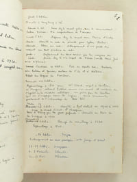 Manuscrit : Journal de voyage anonyme d'une médecin de marine militaire [ Santé navale ], d'avril 1946 à novembre 1947 : Toulon, La Rochelle, Ferryville, Gozo, Port-Saïd, Djibouti, Abadan, Bombay, Goa, Singapour, Hong-Kong, etc... Avec de nombreuses détails piquants sur la vie dans la marine française au lendemain de la seconde guerre mondiale. Intéressant journal manuscrit évoquant fugacement la figure de Zinovi Peschkoff : 7 mai 1946 : "Impression de pagaille. Berge m'avait dit en passant par Bordeaux que Rochefort est trop demandé pour espérer l'avoir. D'après Aury, on pleure depuis un an pour avoir des médecins. Paponnet, complètement rond le jour où je vais le voir, se désintéresse de la question"... "Même impression à la Marine. Chipotages pour savoir qui a été le plus résistant, qui a sauvé La Rochelle. L'ambiance n'est pas au gaullisme. Cossé, Auger et les autres écoeurés : Paris les laisse tomber et ils ne pensent qu'à dégager pour partir à la colonie"... "Une note réconfortante : la position nette de l'Eglise pour le référendum...Malheureusement, ça semble avoir été limité au diocèse de La Rochelle. Grande Peur des biens pensants à l'occasion de ce vote. Les bourgeois en font dans leur culotte et se voient arrêtés pour le lendemain si le vote est oui. Ont-ils donc la conscience moins nette qu'ils veulent bien le dire ?". 4 juillet 1946 : "Je suis considéré comme légèrement aliéné de vouloir repartir en campagne après seulement trois mois de séjour en France" 29 juin : "Voyagé avec Le Calvé de Bandol à Toulon... Rencontré quelques copains. Toujours la même réflexion : "Quelle chance tu as ! Ah! si j'étais à ta place..." 4 juillet à Feryville : "Embarqué sur le Mékong ... Laïus rapide avec le Commandant (de Forton), jeune et semblant avoir de l'allant. Adopte le type homme d'affaires américain. C'est peut-être très bien, c'est peut-être une façade. Il faut attendre. Visite au secnd, L. V. Lesty, bon gros colosse assez philosophe qui casse pas mal de sucre sur le dos des médecins, en particulier de Briskine qui s'occupait du bateau jusqu'à mon arrivée. Je défends Briskine a prioi, sans savoir de quoi il s'agit, avec une telle mauvaise foi que Lesty ne peut s'empêcher d'en rire et on n'en parle plus". Les autres officiers : Tayne, Sirven (croix de lorraine", et I.M. Rossi, Lafon, sympathiques au 1er abord. 5 juillet : "le matin, visite officielle à Sidi Abdallah" (suit une liste de nom et de postes) "presque tous cherchant à dégager pour s'installer dans la région. Même conversation partout : prix du beurre, des petits pois et du pain, insuffisance des soldes...Si j'étais à votre place, etc... Bande de ronds de cuir !" .... 12 juillet : "Lu un article de Cortadellas retraçant l'histoire de la Mission Militaire de ChungKinq. Un peu optimiste mais bon pour la propagande". 21 juillet :"Vie végétative à Ferryville. Travail léger et irrégulier à l'hôpital. Je trapine péniblement les journées sans envie de lire ni de travailler. Vivement la fuite. Le 18, arrivée d Terrible. Je vais faire une bonne heure de blague avec Lemaire. Ecoeuré de la Marine, il a demandé à dégager. On lui a fait comprendre qu'à Diégo il aurait mieux fait de filer comme le Glorieux. C'est écoeurant." 22 juillet : "Embarqué la commission d'essais : 5 officiers et une quinzaine d'ouvriers. Rentré à Bizerte... Appareillage pour Bône". 1er août : "Arrivée à 800 en vue de Gozo. ... Ville pas bien belle et très démolie, certains quartiers entièrement rasés. .... Petites ruelles rappelant l'Espagne ... les vieilles fortifications ont assez grande allure" 3 août : "Toutes les dernières réparations faites à Ferryville sont à refaire : pompe d'épuisement, chambre froide, dégaussing. Paris nous a mis à la disposition des anglais, mais les anglais ne nous donnent aucune consigne, disant que nous ne dépendons pas d'eux pour la route. Nous devons seulement faire un ravitaillement Abdan-Singapour. Si le Pacha sait y faire, nous pouvons choisir l'itinéraire qui nous plaira". 9 août : "A 1200 rencontré une mine. Ecole à feu au mousquet et aux Hoerlicou. Mine coulée sans exploser à la deuxième passe". 11 août : "A 1600, cassé la barre à bras... une semaine de réparations à Port-Saïd". 12 août : "Arrivée à Port-Saïd. Envahissement inévitable de tous les commerçants qui sont à bord avant même que les manoeuvres de mouillage soient terminées". 13 août au Caire, chez l'attaché naval C.C. Challan de Sévin : "nous apprenons que Russes et Anglais sont prêts à se tabasser dans la région de Bassorah. On va peut-être arriver au bon moment". Puis à Ismaïlia, où ils rencontrent d'autres français : "Puis arrive un capitaine mauritien qui nous sort un ereintement en règle des Anglais. Comme il est en uniforme anglais, l'effet est assez curieux". 29 août 1946 : Arrivée à Djibouti ; 30 : "Pêche à la dynamite avec Sirven : 4 petits poissons et une belle suée à l'aviron". 11 septembre, arrivée à Abadan, puis le 3 octobre à Bombay : "Quelques troubles dans la ville indigène : échange de coups de poignard entre hindous et musulmans" 8 octobre: Retrouvons le Var sous l'Ile Grande à côté de Goa.  ... Meynice est à Saïgon vec madame, à l'E.M. de d'Argenlieu ;  13 octobre : Le Consul, Jobez e sa femme déjeunent chez le commandant. Jobez était avec Lorrin sous-fifre de Coiffard à Tchungking en 1944. Constaté avec plaisir qu'il n'a pas changé d'avis. Ereintement de Pechkoff, ... et de la clique des Terres Rouges : De Langlade, Irribarne, Leonard, etc... 21 octobre : Arrivée à Singapour ... 23 novembre, 2e rotation : "La veille, on apprend de nouvelles insurrections à Haïphong et à Langson. Aucune précision."... 11 octobre 47 : Appareillage [ de Hong-Kong ] avec M Viaud, consul à Canton, Dr. Mosquin ralliant Pakhoï comme vice-consul et médecin de l'hôpital de la Mission catholique, un jeune grec de Canton qui va s'engager dans la Légion, deux ammanites provenant de l'entourage de Bao Daï".....