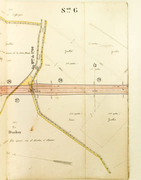 Chemin de Fer de Bazas à Auch. Section de Bazas à Bergonce. Plan parcellaire des propriétés à acquérir suivant jugement d'expropriation en date du 10 ...