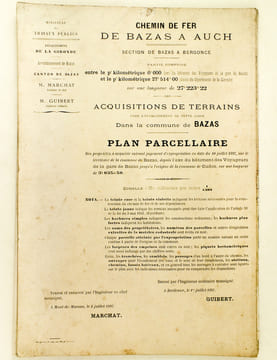 Chemin de Fer de Bazas à Auch. Section de Bazas à Bergonce. Plan parcellaire des propriétés à acquérir suivant jugement d'expropriation en date du 10 ...