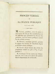 Académie Royale des Sciences, Belles-Lettres et Arts de Bordeaux. Séance publique du 8 août 1833 : Discours ; Rapport ; Notice sur l'Education des Vers à Soie (Laterrade) ; Des capacités dans leur rapport à l'Education (Sédail) ; Rapport sur Nérac et ses Antiquités ; Rapport sur une nouvelle inscription de Nérac (Jouannet)