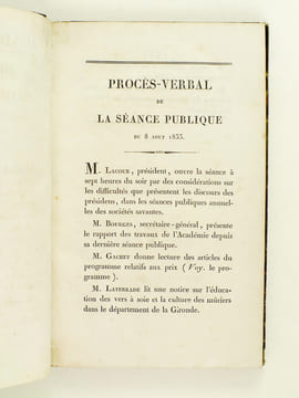 Académie Royale des Sciences, Belles-Lettres et Arts de Bordeaux. Séance publique du 8 août 1833 : Discours ; Rapport ; Notice sur l'Education des ...