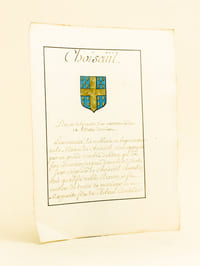 [ Extrait d'Armorial Manuscrit seconde partie XVIIIe ] Choiseüil. D'azur à la croix d'or cantonnée de 18 billettes de même.  