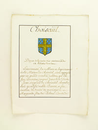 [ Extrait d'Armorial Manuscrit seconde partie XVIIIe ] Choiseüil. D'azur à la croix d'or cantonnée de 18 billettes de même.  