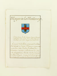 [ Extrait d'Armorial Manuscrit seconde partie XVIIIe ] Mazarin la Meilleraye. D'azur à une hache d'argent dans un faisseau consulaire d'or, en pal, et une fasce de gueule brochant sur e tout chargée de 3 étoilles d'or.