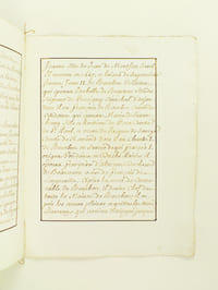 [ Extrait d'Armorial Manuscrit seconde partie XVIIIe ] Maison de France. Le Roy porte deux Ecus accolez, le 1er d'azur à 3 fleurs de lys d'or, 2 en chef et 1 en pointe qui est de France ; le 2e de Navarre qui est de gueule aux chaisnes accolées et pommelées d'or.