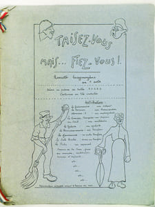 Taisez-vous mais... fiez-vous ! Revuette lacrymogène en 1 acte. Décors en pierre de taille. B.S.G.D.G. Costumes en tôle ondulée.