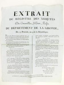 Extrait du Registre des Arrêtés du Conseiller d'Etat, Préfet du Département de la Gironde, du 15 Prairial, an 9 de la République [ 4 juin 1801 ]