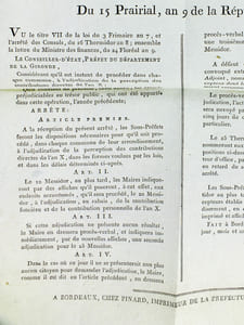 Extrait du Registre des Arrêtés du Conseiller d'Etat, Préfet du Département de la Gironde, du 15 Prairial, an 9 de la République [ 4 juin 1801 ]