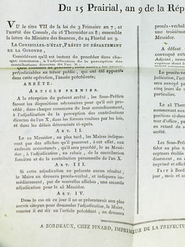 Extrait du Registre des Arrêtés du Conseiller d'Etat, Préfet du Département de la Gironde, du 15 Prairial, an 9 de la République [ 4 juin 1801 ]. ...