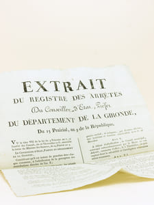 Extrait du Registre des Arrêtés du Conseiller d'Etat, Préfet du Département de la Gironde, du 15 Prairial, an 9 de la République [ 4 juin 1801 ]
