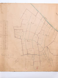 Plan manuscrit colorié du Domaine de Puygueraud situé dans les communes de Baurech et Tabanac dressé d'après les documents fournis par Mme Vve Sorbé en 1861 [ Avec : ] Extrait du Plan Cadastral de la Commune de Baurech en janvier 1881. Détail des circuits d'irrigation sur 4 bassins [ On joint : ] Un calque du précédent plan et un plan de Bridat, à Baurech, levé en 1932