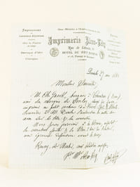 Lettre à en-tête de l'Imprimerie Alcan-Lévy, adressée à Monsieur Sauvaistre [ Premier commis de l'éditeur Edouard Dentu ] : "Paris, le 27 mai 1882. Monsieur Sauvaitre, M. Ch. Gaeck, banquier à Vimoutiers (Orne), ami du marquis de Lonlay, chargé de faire imprimer ce petit volume de Poésies : Epis & Bluets, demande à M. Dentu l'autorisation de mettre son nom sur le titre et la couverture. Nous ferons parvenir à la librairie, aussitôt la correction faite et le Bon à tirer de l'auteur, une épreuve définitive avant le tirage".[  