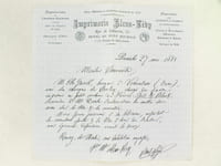 Lettre à en-tête de l'Imprimerie Alcan-Lévy, adressée à Monsieur Sauvaistre [ Premier commis de l'éditeur Edouard Dentu ] : "Paris, le 27 mai 1882. Monsieur Sauvaitre, M. Ch. Gaeck, banquier à Vimoutiers (Orne), ami du marquis de Lonlay, chargé de faire imprimer ce petit volume de Poésies : Epis & Bluets, demande à M. Dentu l'autorisation de mettre son nom sur le titre et la couverture. Nous ferons parvenir à la librairie, aussitôt la correction faite et le Bon à tirer de l'auteur, une épreuve définitive avant le tirage".[  