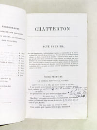 Théâtre Complet. Chatterton, La Maréchale d'Ancre, Quitte pour la peur, Le More de Venise, Shylock [ Exceptionnel exemplaire annoté à l'époque, vraisemblablement par l'actrice Emilie Broisat, Sociétaire de la  Comédie-Française, qui reprit en 1877 le rôle de Kitty Bell dans Chatterton, lors de son entrée à la Comédie-Française ]